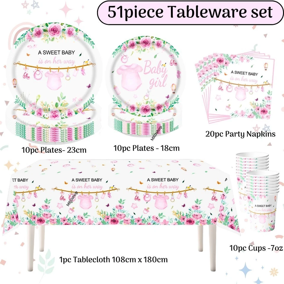 Juego de vajilla de ducha para bebé niña platos servilletas mantel fiesta decoraciones rosa Foto 1 de 1