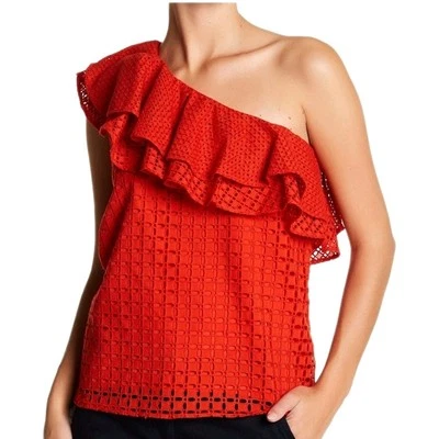 NUEVO CON ETIQUETAS J.Crew Top Talla 2 Rojo Ojales Blusa Volantes Forrada Fuera del Hombro Boho Foto 1 de 4