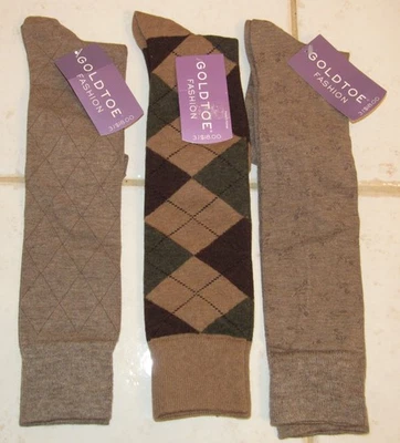 3 Pair Gold Toe Women's Knee-high Camel Brown Argyle/Floral Socks Size 9-11 NEW - Image 1 of 4