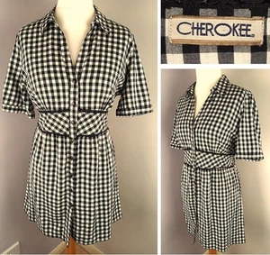 Cherokee Summer 100% Cotton Black & White Gingham Check Mini Shirt Dress Size 18 - Picture 1 of 20