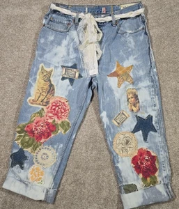 OOAK Magnolia Boho Reworked Jeans Custom Upcycle Boyfriend Adjustable 30-34 Belt - Bild 1 von 23