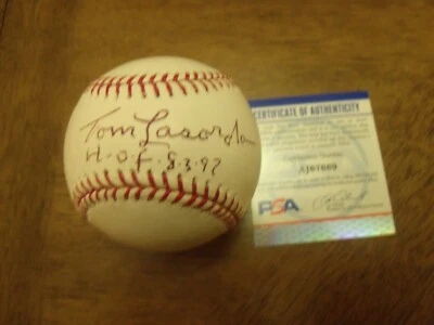 TOMMY LASORDA HAND SIGNED OFFICAL MAJOR LEAGUE BASEBALL INSCRIBED HOF 8-3-97 PSA - Image 1 of 2