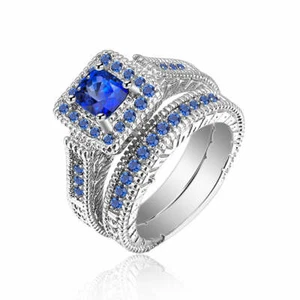 Gold Plated Silver Created Sapphire Blue Element Zirconia Antique Ring set - Picture 1 of 15