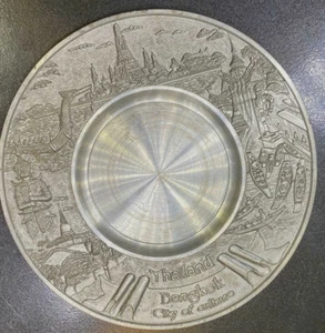 Souvenir Bangkok Pewter Wall Plate Decor Stamp Engraved Handmade 5.5" Thailand - Picture 1 of 3