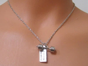 SILVER TONE CROSSFIT WEIGHT BARBELL ''I CHOOSE STRENGTH" FITNESS CHAIN NECKLACE - Picture 1 of 7