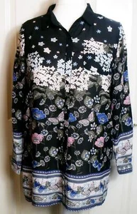 NEW QED LONDON 🌼 BLACK FLORAL & BUTTERFLY LONG BLOUSE TOP 🌼 SIZE 14 # 40* - Picture 1 of 3