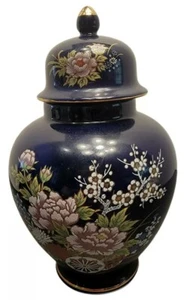Oriental Ginger Jar Cobalt Blue Gold With Floral Pattern And Cart Vintage - Picture 1 of 9