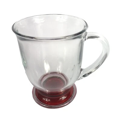 Anchor Hocking Footed Mugs Red Base Set Of 4 USA Clear Glass Coffee cups Retro - Image 1 of 4