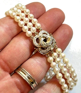 Stunning Solid 14K Yellow Gold Diamond 3 Strand 5mm Pearl Bracelet - Picture 1 of 11