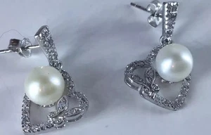 White Freshwater Pearl & White Simulated Diamonds Sterling Silver Earrings - Picture 1 of 6