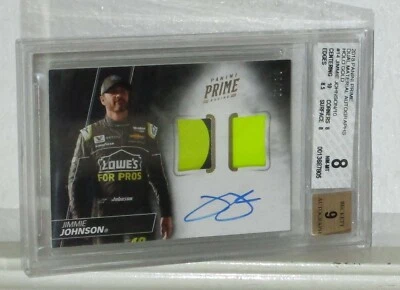 2018 JIMMIE JOHNSON PANINI PRIME DUAL MATERIAL AUTO HOLO GOLD CARD 8, 9 AUTO BGS - Image 1 of 3