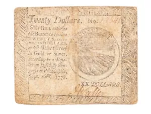 1778, $20 Continental Currency Note Sept. 26 Revolutionary War Note Paper Money - Picture 1 of 2
