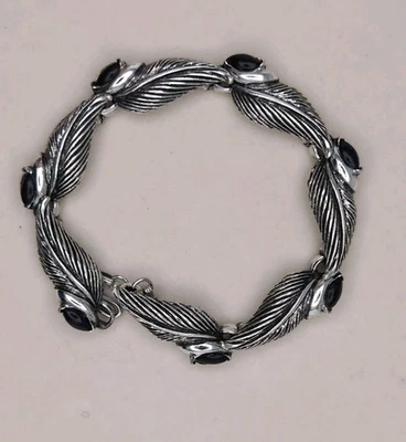 BOGO BRACELETS Silvertone Linked Feathers Black Cabochons 8 In And Silver... - Image 1 of 4