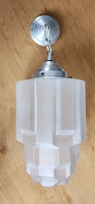 SUSPENSION SKAYSCRAPER ART DÉCO BUILDING 1930 ANCIEN GLOBE VERRE DÉPOLI LUSTRE - Photo 1/4