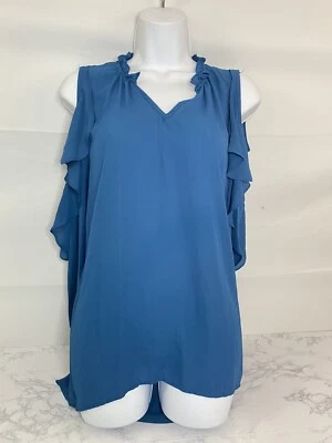 Top con volantes de la colección NY para mujer M verde azulado largo hombro frío cuello en V capas nuevo con etiquetas Y  Foto 1 de 4