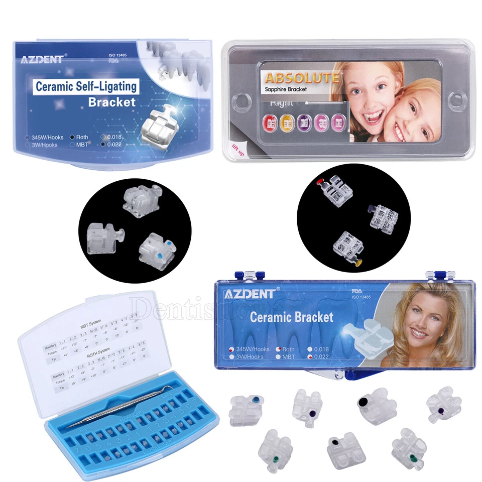 Dental Orthodontic Self Ligating Brackets Ceramic Sapphire Brace Roth MBT Hooks - Image 1 of 1