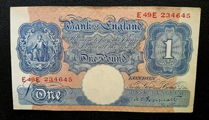 Great Britain UK "£1 ~ ONE POUND" War time, Blue & Pink Banknote K O Peppiatt (d - Picture 1 of 13