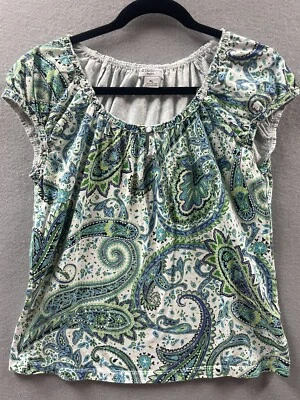 Liz Claiborne Womens Knit Top Floral Paisley LP Tee Green Retro Stretch - Image 1 of 4