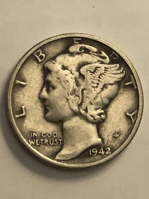 Good Condition 1942 No Mint Mark Silver Mercury Dime - Image 1 of 2
