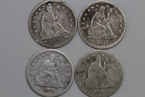 1843, 1854, 1875, 1877-S Liberty Seated 90% Silver Quarter Cull to F (NUM7972) Cover