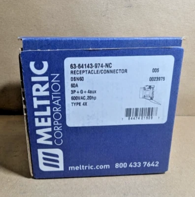 MELTRIC 63-64143-974-NC Receptacle Connector DSN60, 60Amp 600V 20Hp (New In Box) - Image 1 of 4