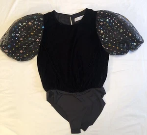 Zara Black Velvet Bodysuit w/ Colorful Sequins On Tulle Puff Sleeves Size 11/12 - Picture 1 of 8