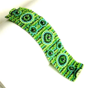 Czech Glass 9 Circle Beaded TURQUOISE, LIME Statement BRACELET Cuff Bangle - Picture 1 of 1