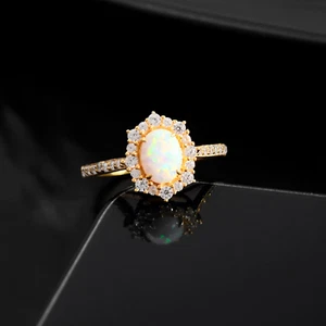 Opal Engagement Ring Moissanite Wedding Ring Yellow Gold Plated 925 Silver Ring - Picture 1 of 7