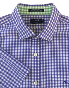 Men’s LINCS DC & Co. Sz Med Short Sleeve Dress Shirt Purple Check Cotton EUC - Picture 1 of 8