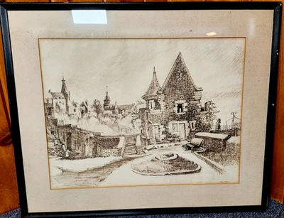 BOCETO A LÁPIZ FIRMADO DELLA GARRETSON enmarcado casa castillo dibujo grabado DE COLECCIÓN Foto 1 de 4