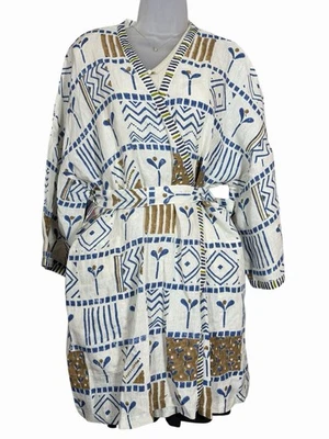 Gudrun Sjoden 100% Linen Kimono Jacket Belted Boho Art Print Blue Brown Size L - Image 1 of 4