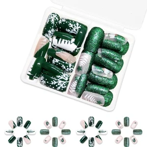 48 Pcs Christmas False Nails with Snowflake Designs Short Square Press On Nails - Picture 1 of 8