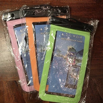 Paquete de 3 fundas universales impermeables para teléfono celular bolsa seca naranja rosa y verde Foto 1 de 4