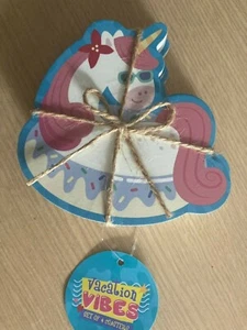 BNIP New 4 Pack Vacation Vibes Unicorn Coasters - Shaped Coasters Made from Wood - Picture 1 of 4