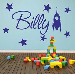 Personalised Name Wall Sticker Decal With Rocket Ship Stars Bespoke Vinyl - Picture 1 of 4