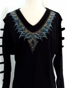 PLUS 3X Hand Embellished Rhinestone Blue Silver Gold Jeweled Tunic Neckline Top  - Picture 1 of 6
