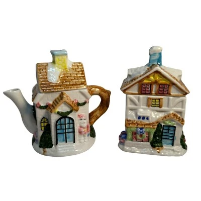 Houston Harvest Navidad Sugar Bowl Crema Set Santa Cerámica Cabañas Foto 1 de 4