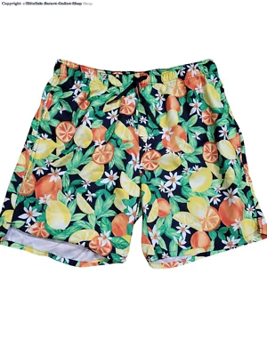 Citrus Print Swim Trunks Mens Black Green Orange Lemon Pattern Drawstring Medium - Image 1 of 4