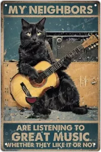 Funny Cat Guitar Metal Sign Vintage Rock Music Wall Decor Man Cave Tin Sign bar - Picture 1 of 7