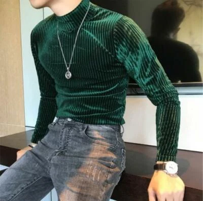 Men Velvet Turtleneck Long Sleeve Slim Fit Casual Nightclub Base Shirt Tops - Image 1 of 4