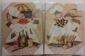 SET of 2 DIFFERENT CANVAS KITCHEN WALL FRAMES, 2 FAT CHEFS WITH TRAYS - Picture 1 of 10