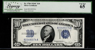 $10 1934-C Silver Cert, Fr. 1704  B-A Block Blue Seal Hamilton LCGS Gem New 65 - Image 1 of 2