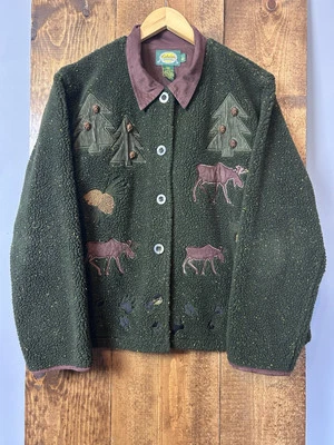 Vintage Cabelas  Button Up L Grandma Nature Embroidered Green Deep Pile Fleece - Image 1 of 4