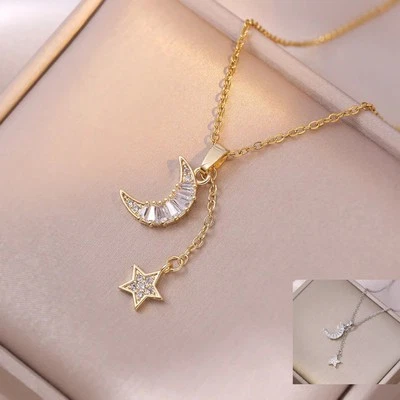 Collana catena ciondolo LUNA STELLA ZIRCONI in acciaio inox  clavicola donna - Immagine 1 di 4