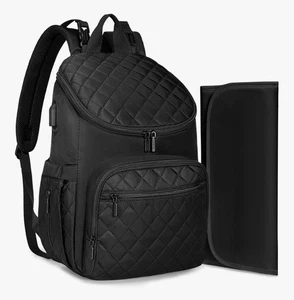 Babytasche Rucksack - große Kapazität gesteppte Wickeltasche mit Wickelunterlage, schwarz - Bild 1 von 9