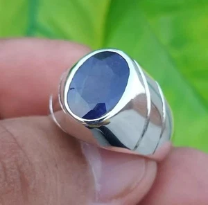 Natural Sapphire rin For Men, Big Blue Sapphire Stone, 925 Sterling Silver - Picture 1 of 5