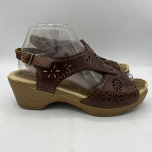 DANSKO Brown Floral Laser Cut Leather Ankle Strap Wedge Sandals Sz 8.5 Adjustabl - Picture 1 of 8
