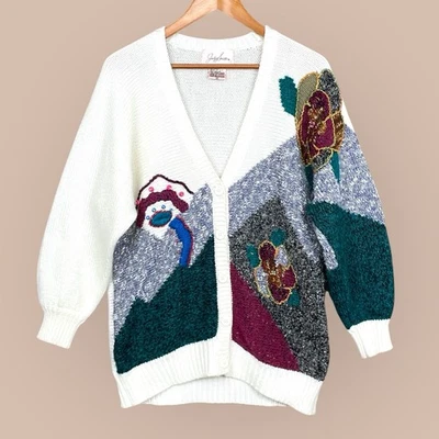 Vintage Jaclyn Smith Beaded Embroidered Cardigan Sweater Size M Boho 3D Metallic - Image 1 of 4