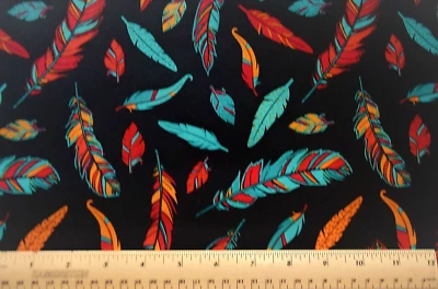 David Textiles Colorful Feathers Plumage teal red By the 1/4 yard cotton fabric - Image 1 of 2
