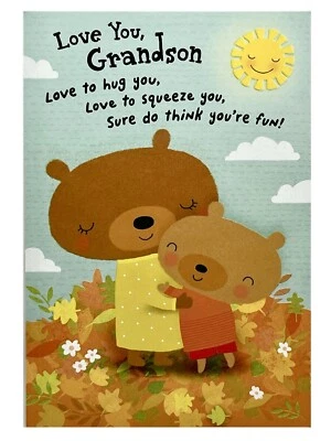 Thanksgiving Card For Grandson Cute Bears Hugging Metallic Foil Hallmark NEW - Image 1 of 4